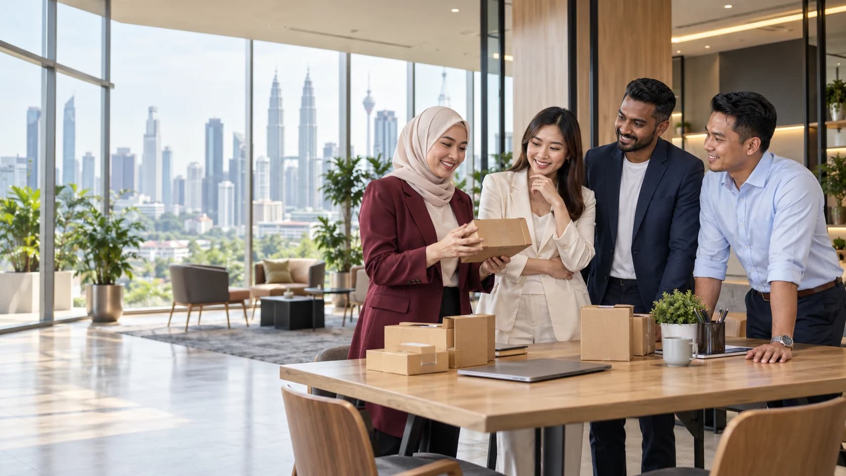 Ilustrasi AI sekumpulan usahawan Malaysia bekerjasama dalam ruang perniagaan moden.