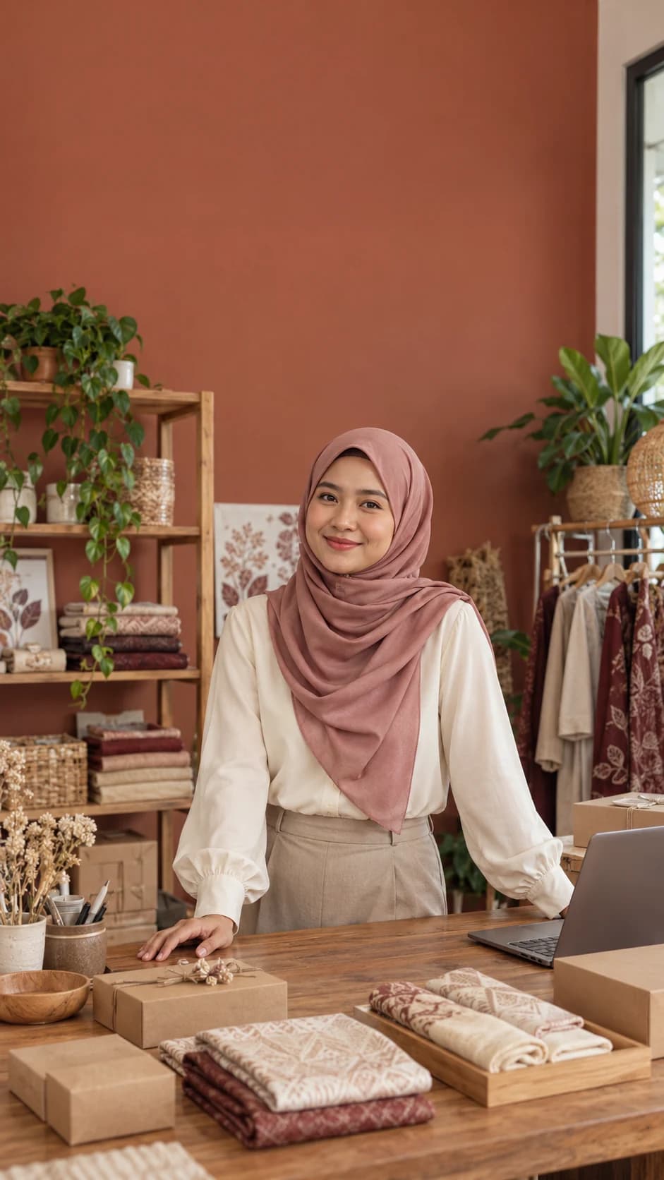 Ilustrasi AI usahawan Malaysia di studio perniagaan krafnya.
